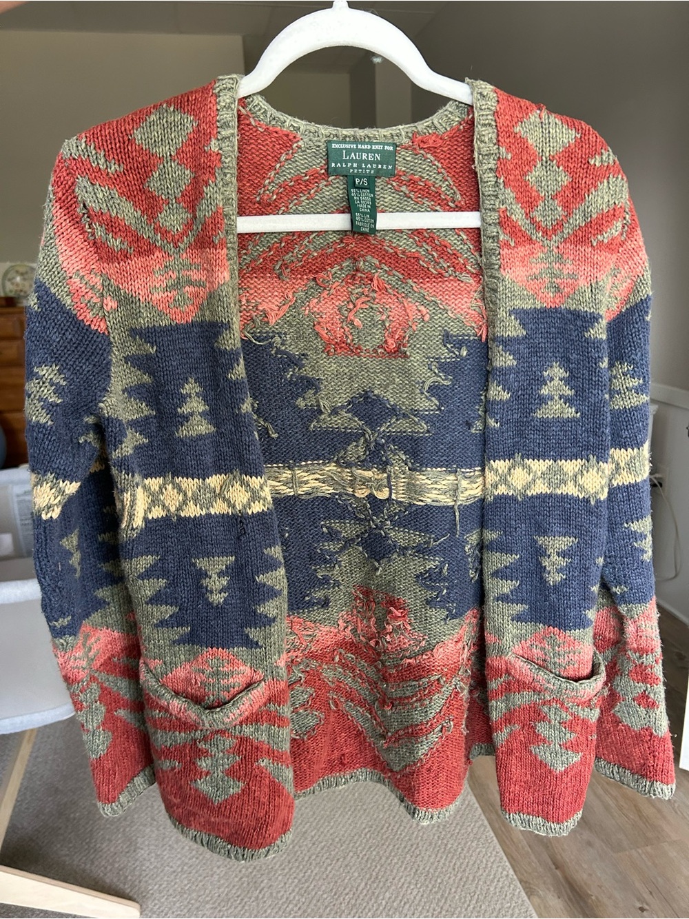Vintage Ralph Lauren Olive Green & Coral Hand-Knit Cardigan